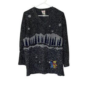 Vintage Disney Winnie the Pooh Winter Women Large Gray Sweater